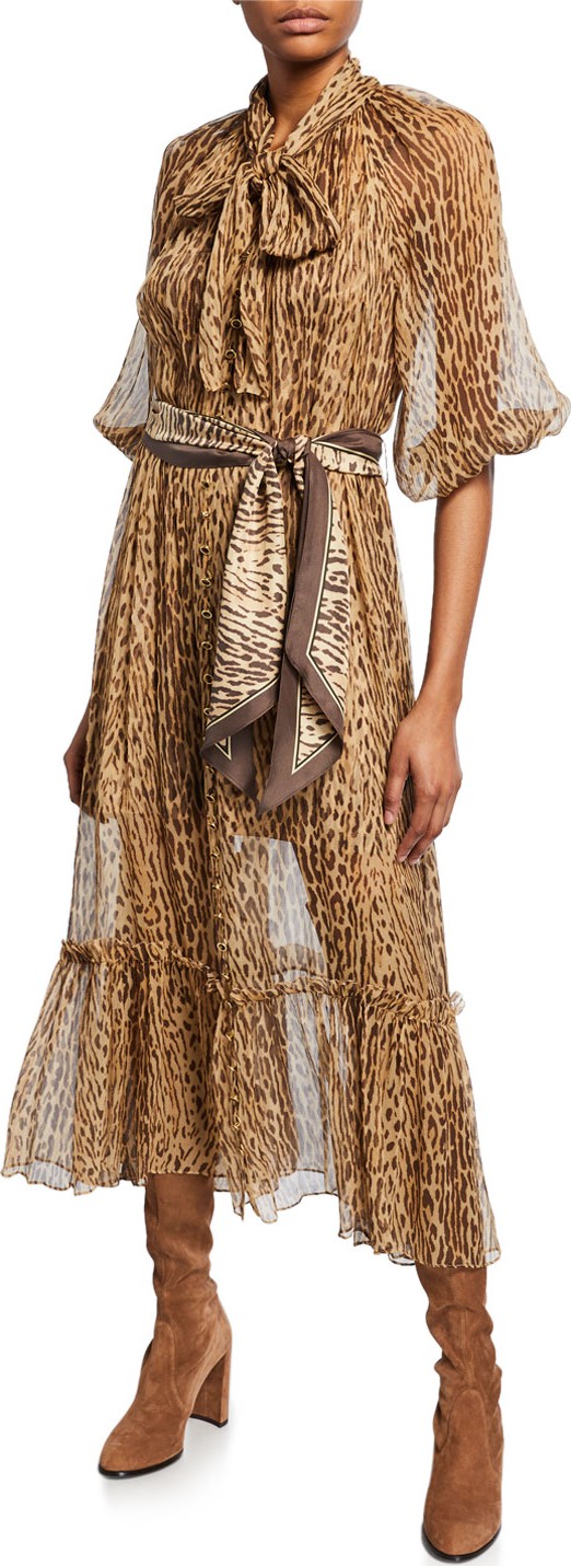 Zimmermann Espionage Animal-Print Tie-Neck Midi Dress