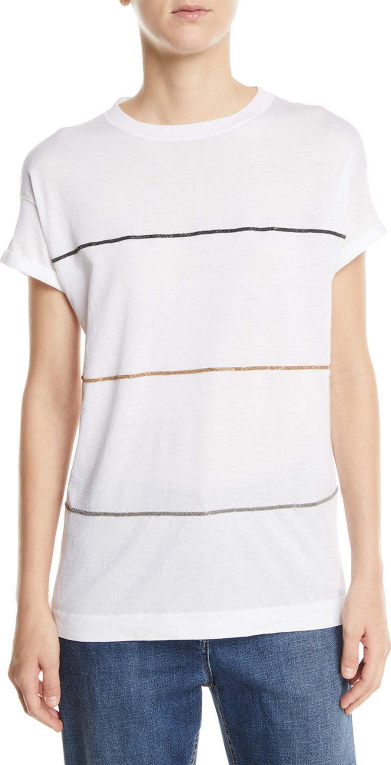 Brunello Cucinelli Short-Sleeve Monili-Striped Top
