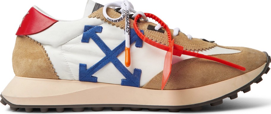 Off White Leather-Trimmed Shell and Suede Sneakers