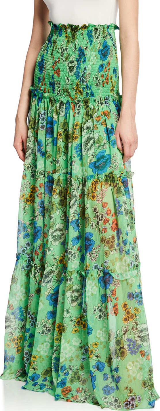 Alexis Roshan Floral Smocked High-Rise Maxi Skirt