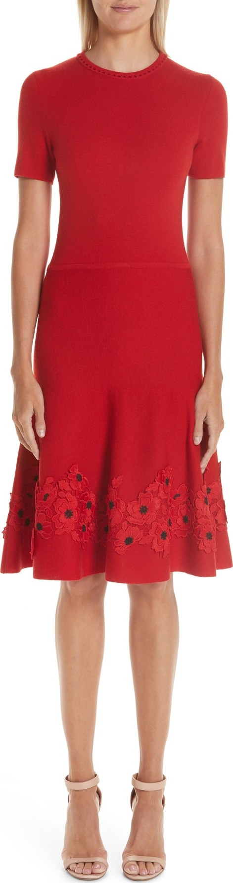 Oscar De La Renta Lace Appliqué Wool A-Line Dress