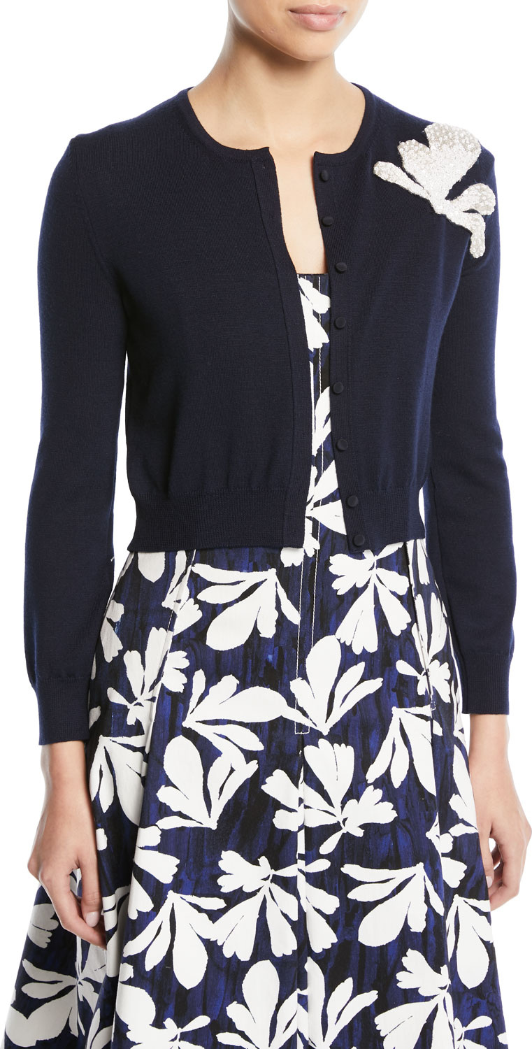 Oscar De La Renta Long-Sleeve Button-Front Wool Cardigan w/ Embroidered Seaweed Detail