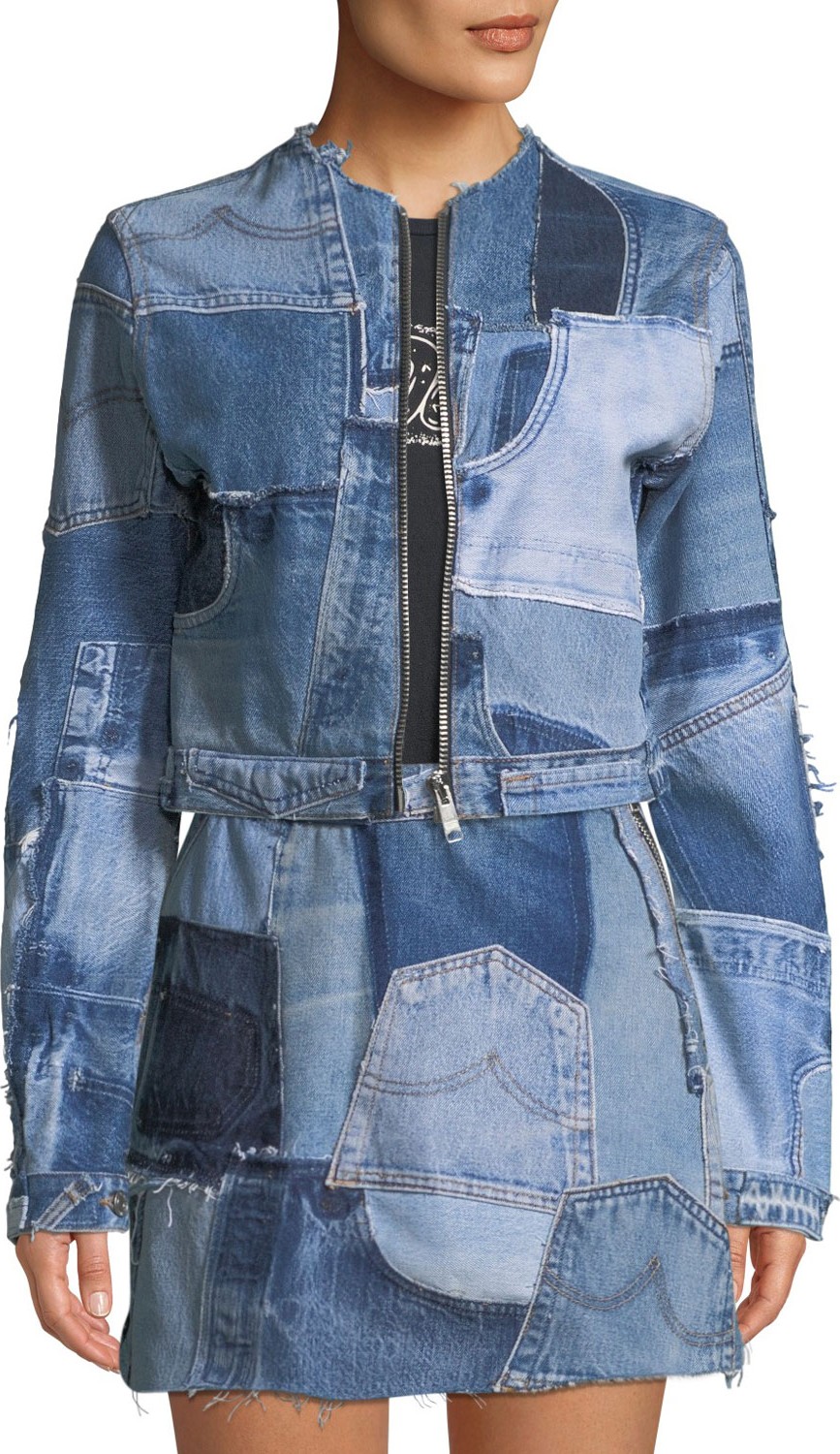 RE/DONE Patchwork Cropped Zip-Front Denim Jacket