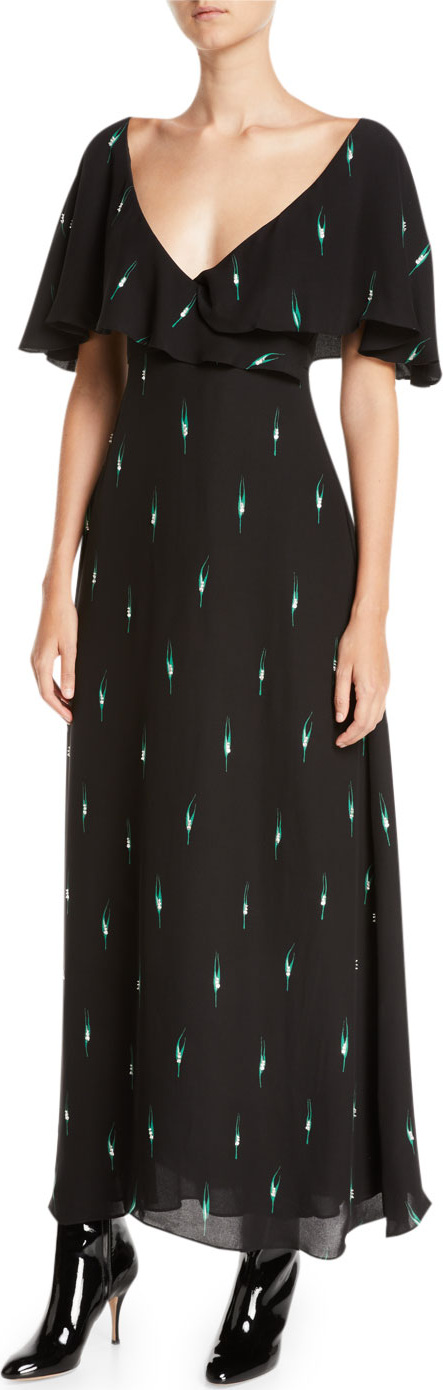 Valentino Short-Sleeve Leaf-Print Long Silk Georgette Dress