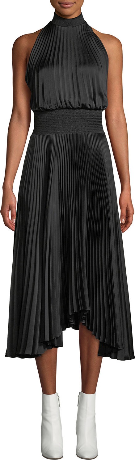 A.L.C. Renzo High-Neck Sleeveless Pleated Satin Midi Cocktail Dress