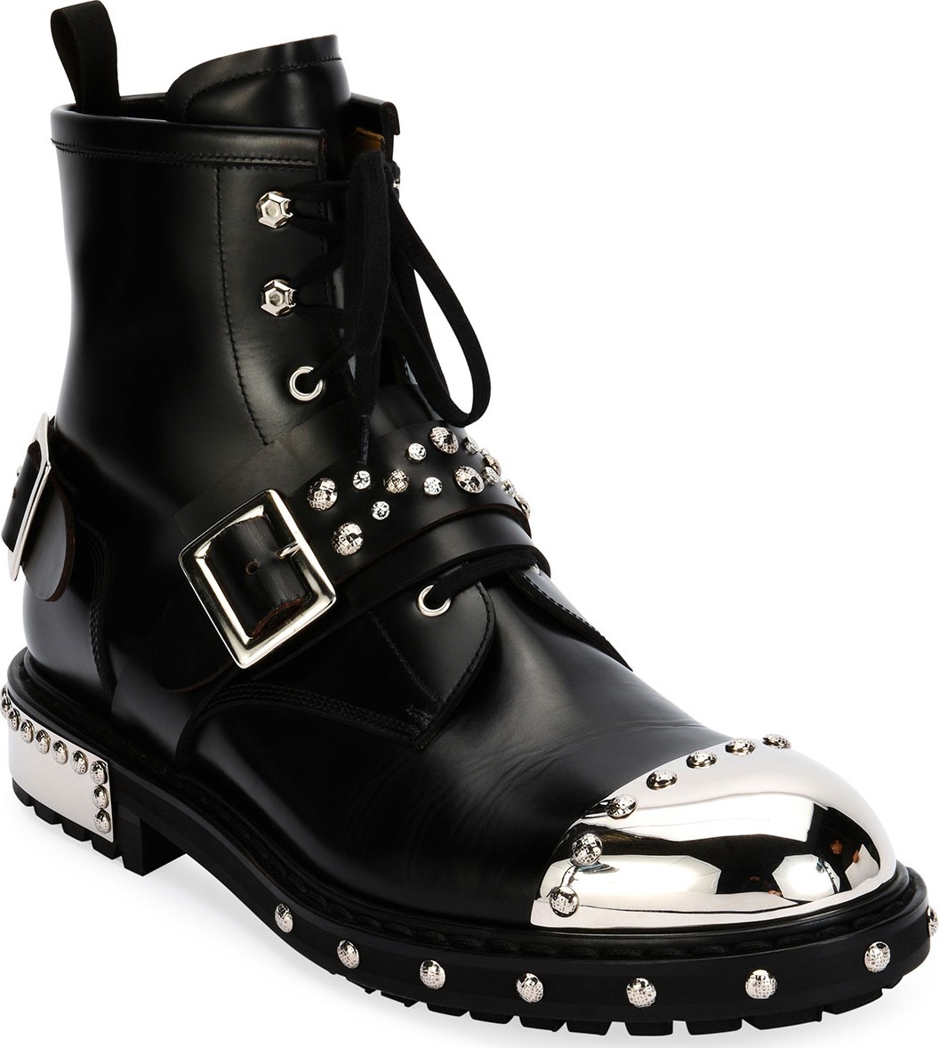 Alexander McQueen Studded Cap-Toe Leather Lace-Up Boot, Black