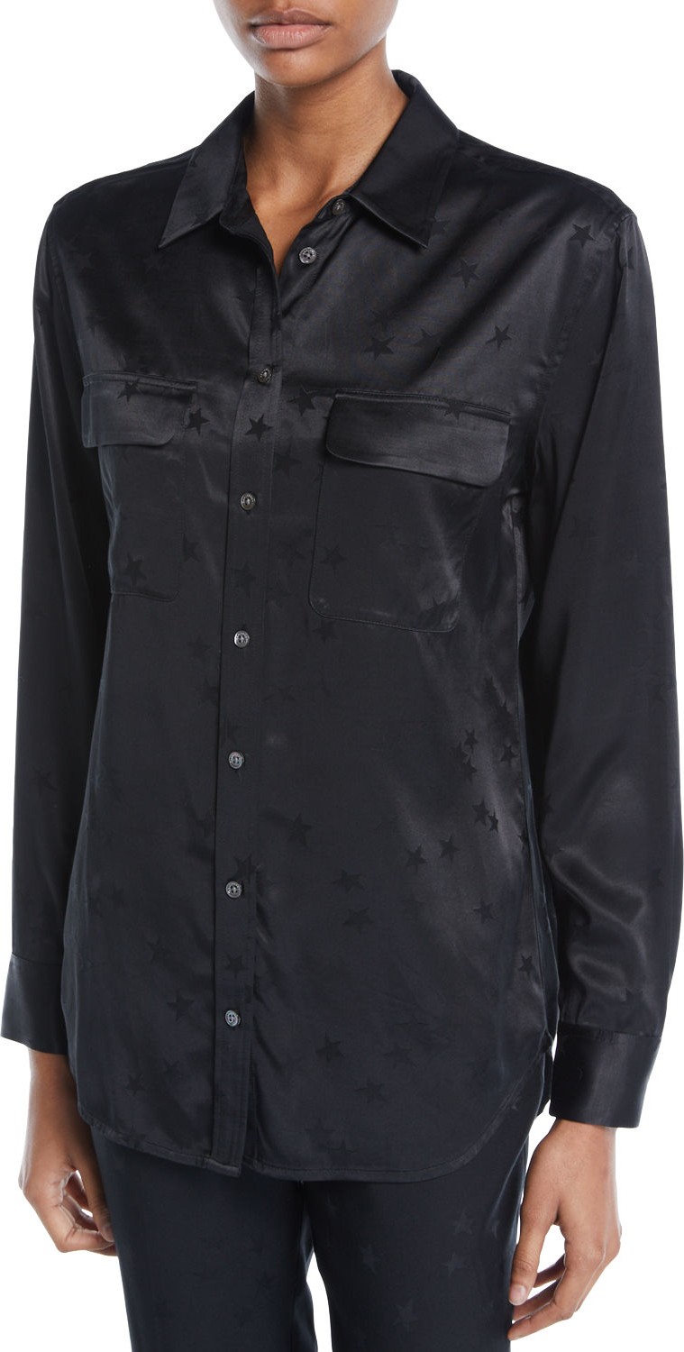 Equipment Signature Button-Front Star-Print Satin Blouse