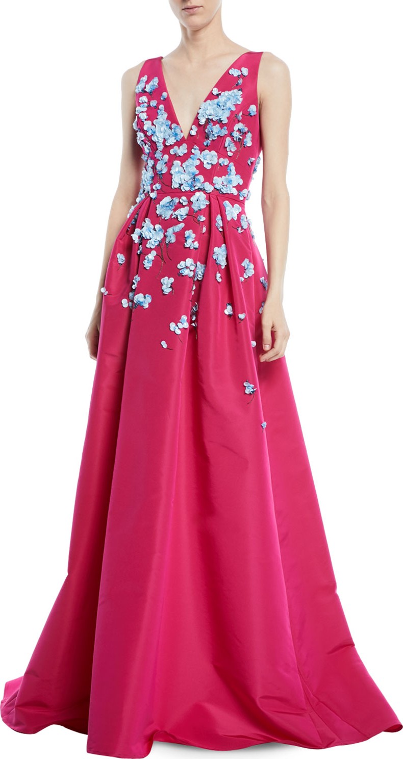 Carolina Herrera Sleeveless V-Neck Full-Skirt Evening Gown with Paillette Embroidery