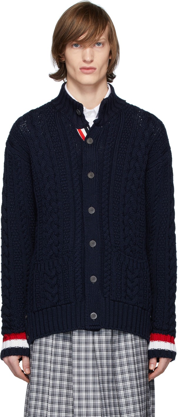 Thom Browne Navy Merino Aran Cable Cardigan