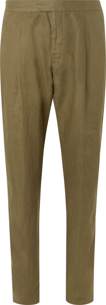 Caruso Army-Green Pleated Washed-Linen Suit Trousers