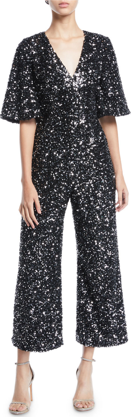 Black Halo V-Neck Short-Sleeve Sequin Jumpsuit