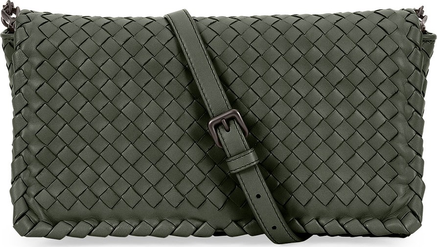 Bottega Veneta Small Intrecciato Flap Clutch Bag w/Strap, Gray