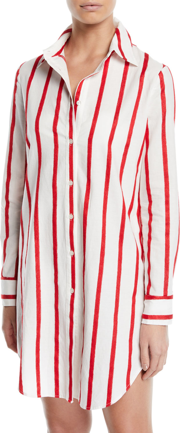 MILLY Jessica Long-Sleeve Button-Front Striped Coverup Shirt