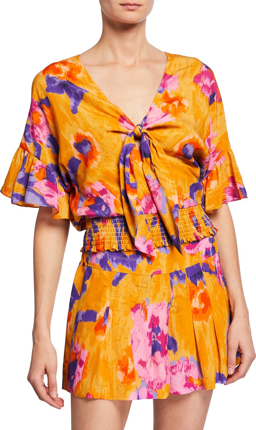 Ramy Brook Tamar Abstract-Print V-Neck Ruffle-Sleeve Smocked Top Ramy Brook Tamar Abstract-Print V-Neck Ruffle-Sleeve Smocked Top