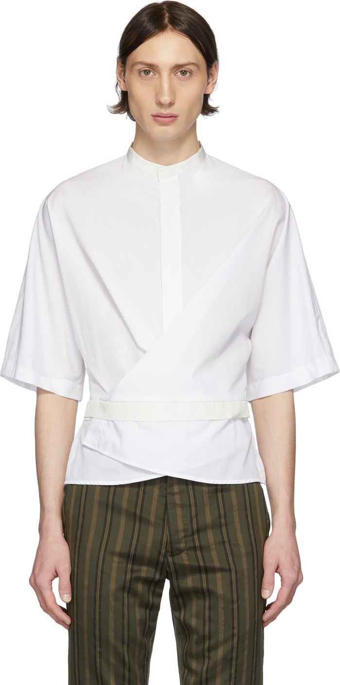 Haider Ackermann White & Off-White Silk Wrap Belt Shirt