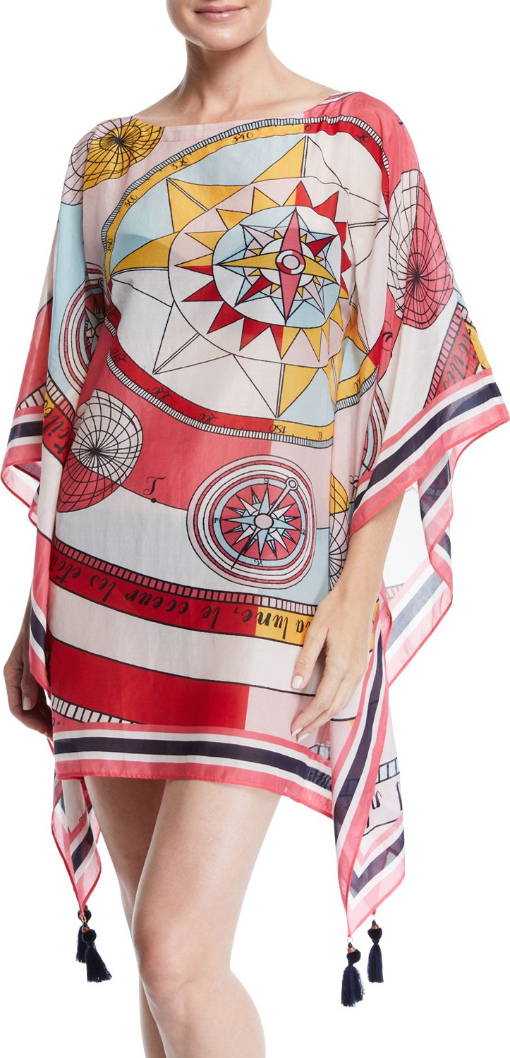 Tory Burch Constellation Bateau-Neck Beach Caftan Coverup w/ Tassels