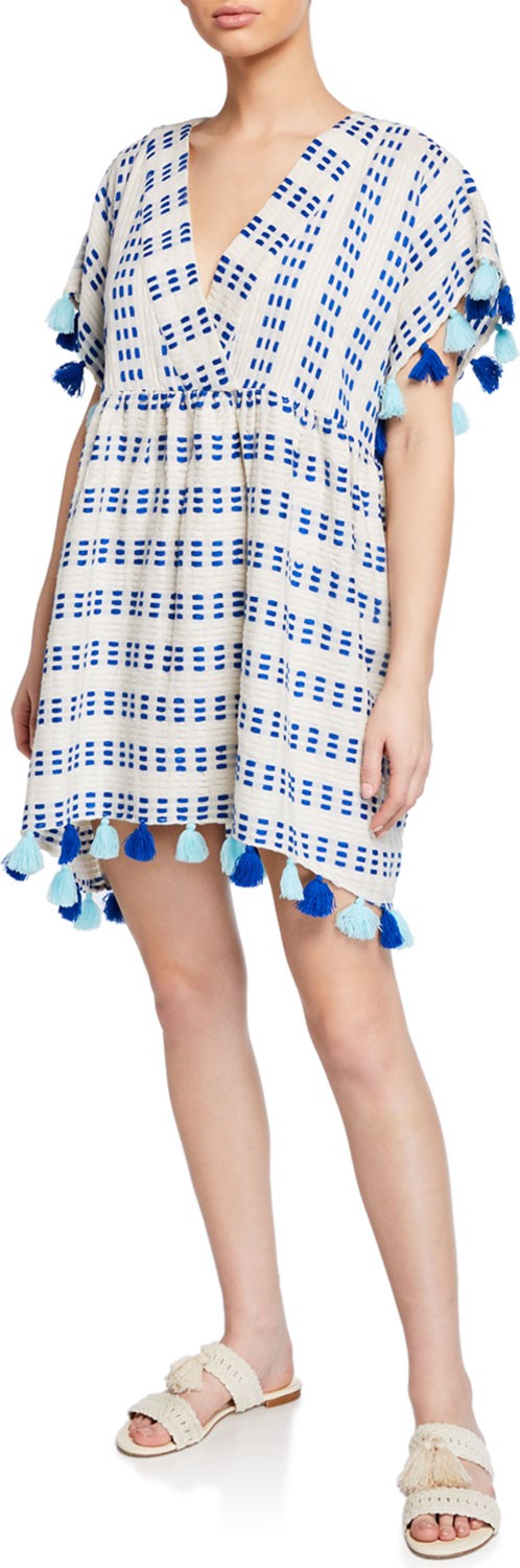 Tessora Luna Woven V-Neck Caftan Dress w/ Tassels