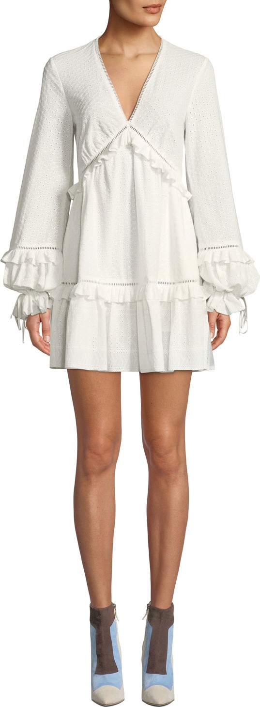 Jonathan Simkhai Embroidered Ruffle Long-Sleeve V-Neck Dress