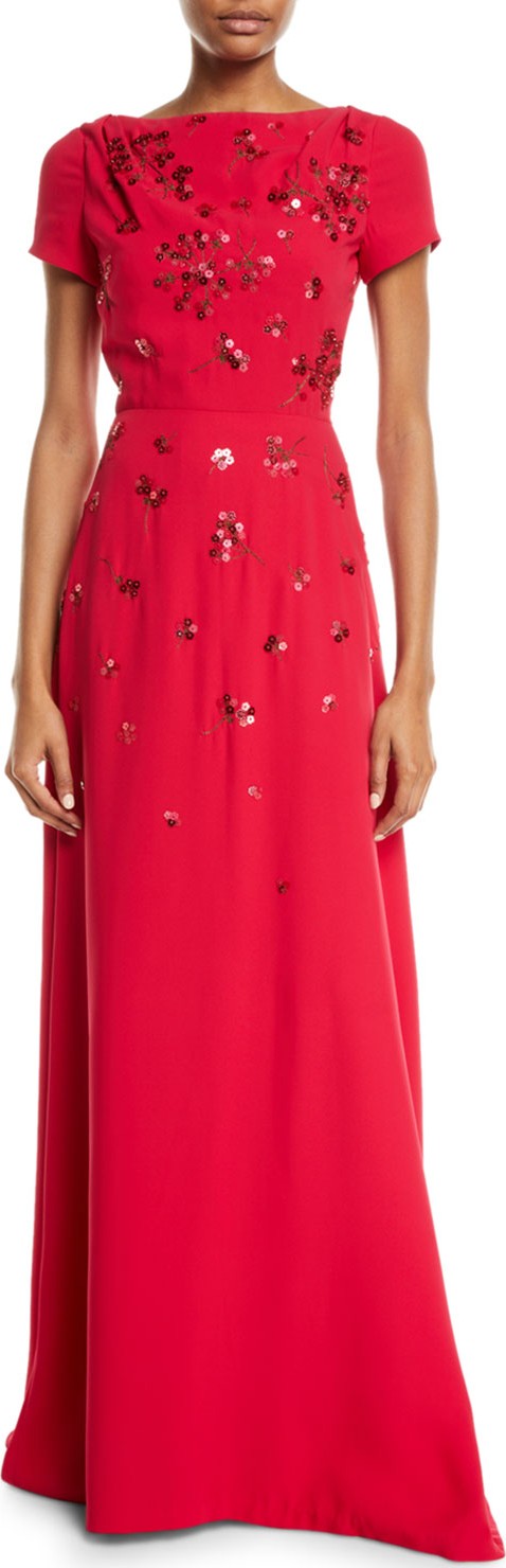 Carolina Herrera Short-Sleeve Floral-Sequined Gown