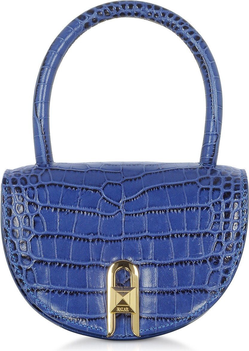 Salar Winnie Croco Embossed Leather Light Blue Top Handle Bag