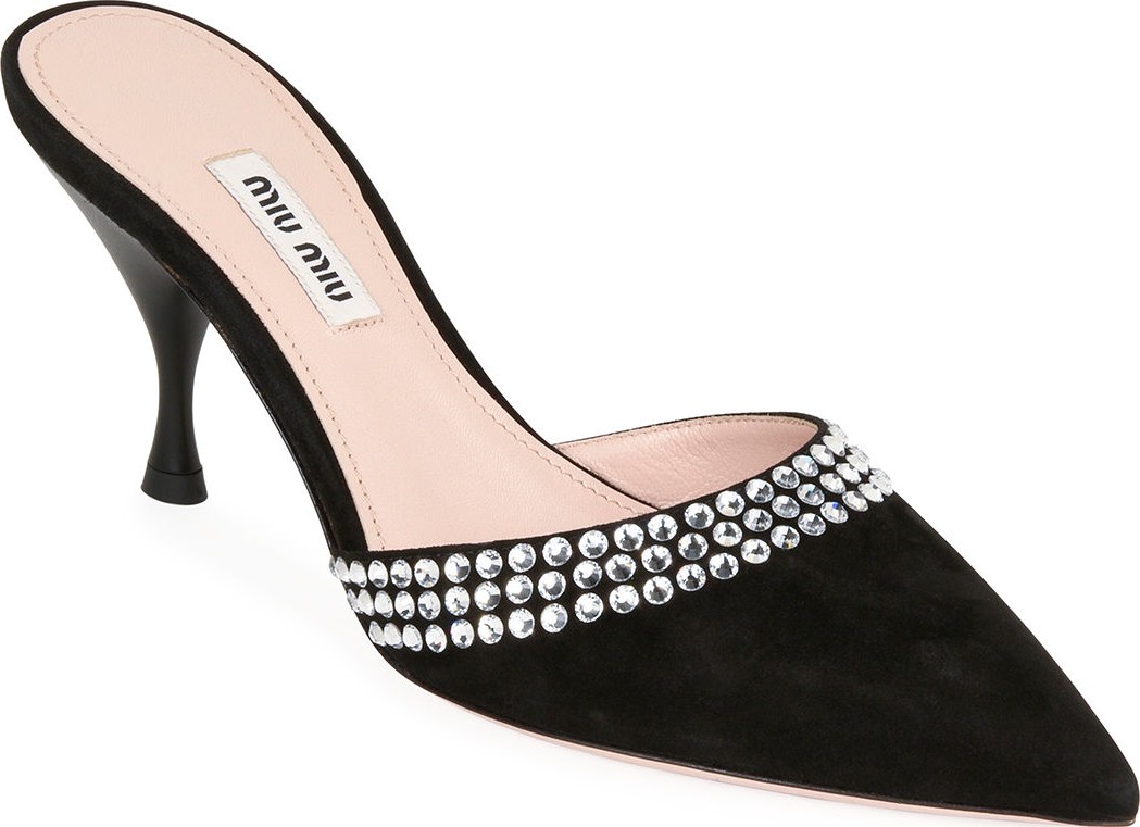 Miu Miu Pointed-Toe Suede Mules with Crystal Trim