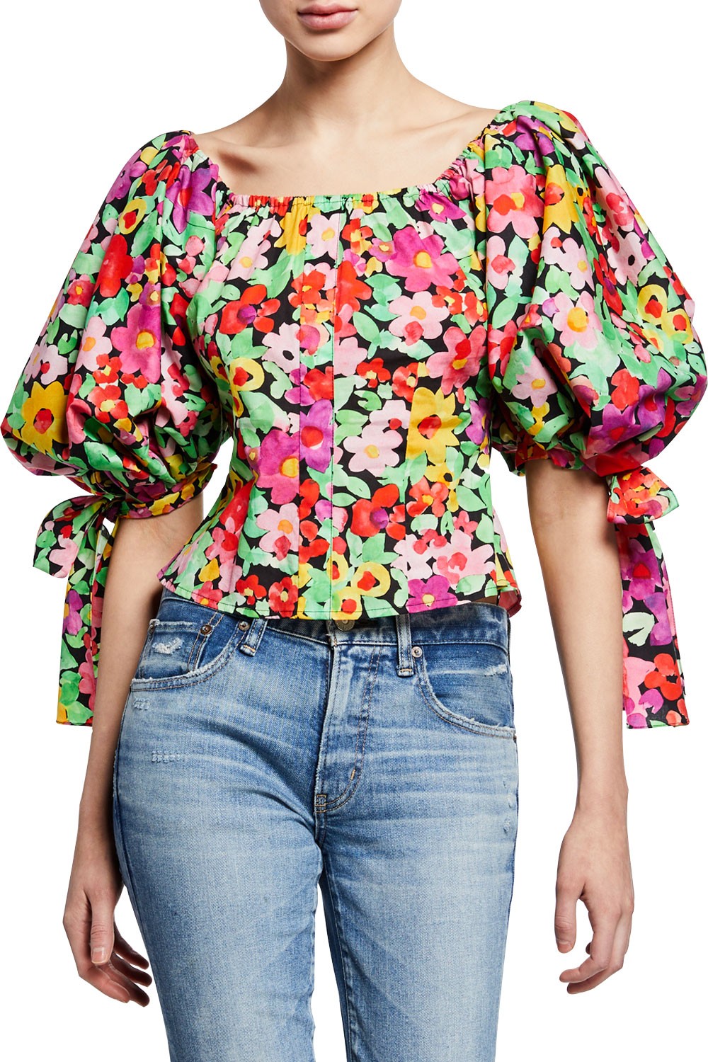 Caroline Constas Nella Floral-Print Puff-Sleeve Top