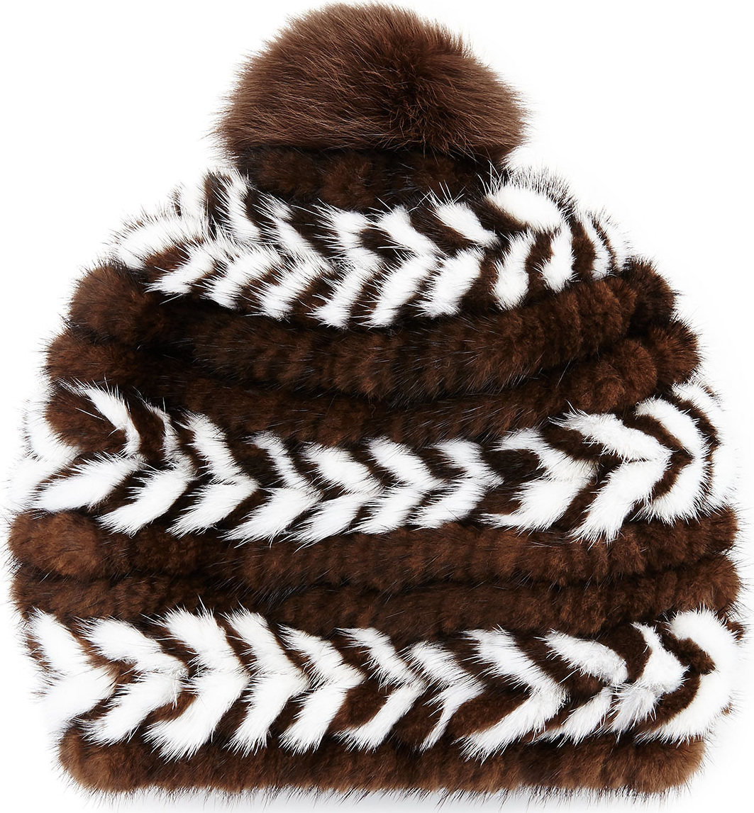 Surell Mink Fur Beanie Hat, Brown/White