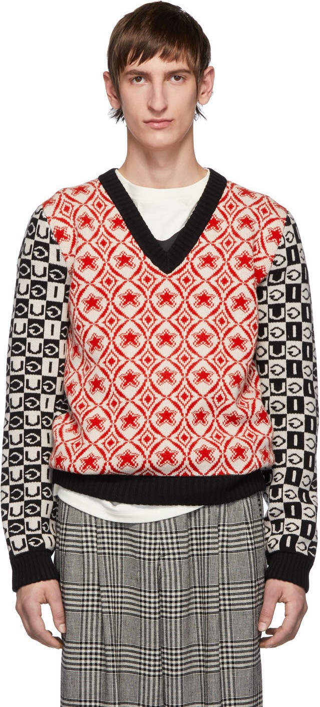 Gucci Red & Black Wool Jacquard V-Neck Sweater