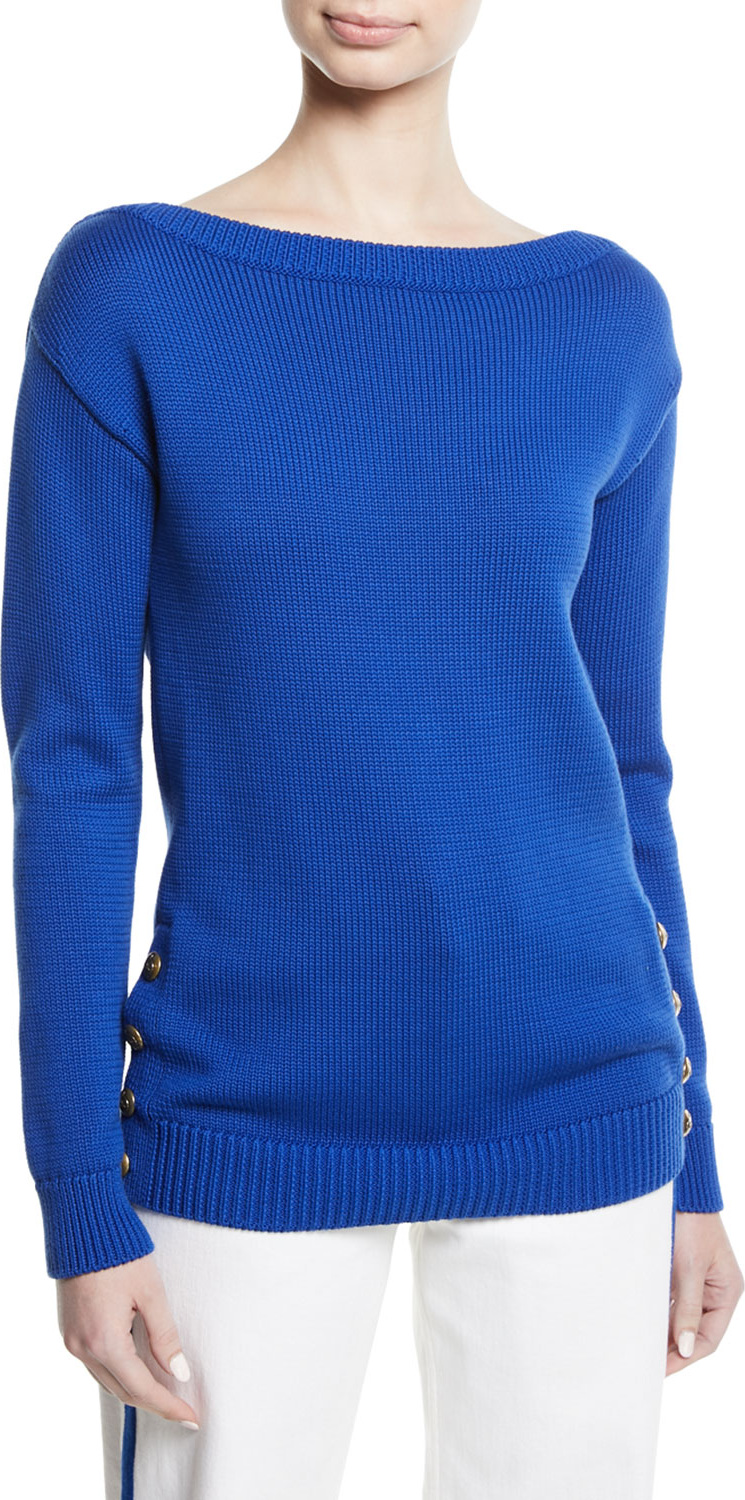 Ralph Lauren Boat-Neck Long-Sleeve Chunky Cotton Jersey Sweater w Button Detail