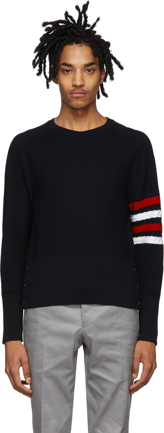 Thom Browne Navy Wool 4-Bar Crewneck Sweater