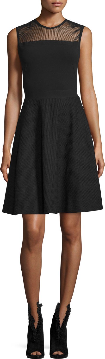 Burberry London England Mesh-Yoke Fit-&-Flare Dress, Black