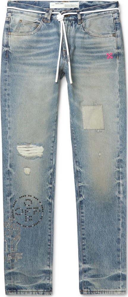 Off White Slim-Fit Embellished Distressed Denim Jeans