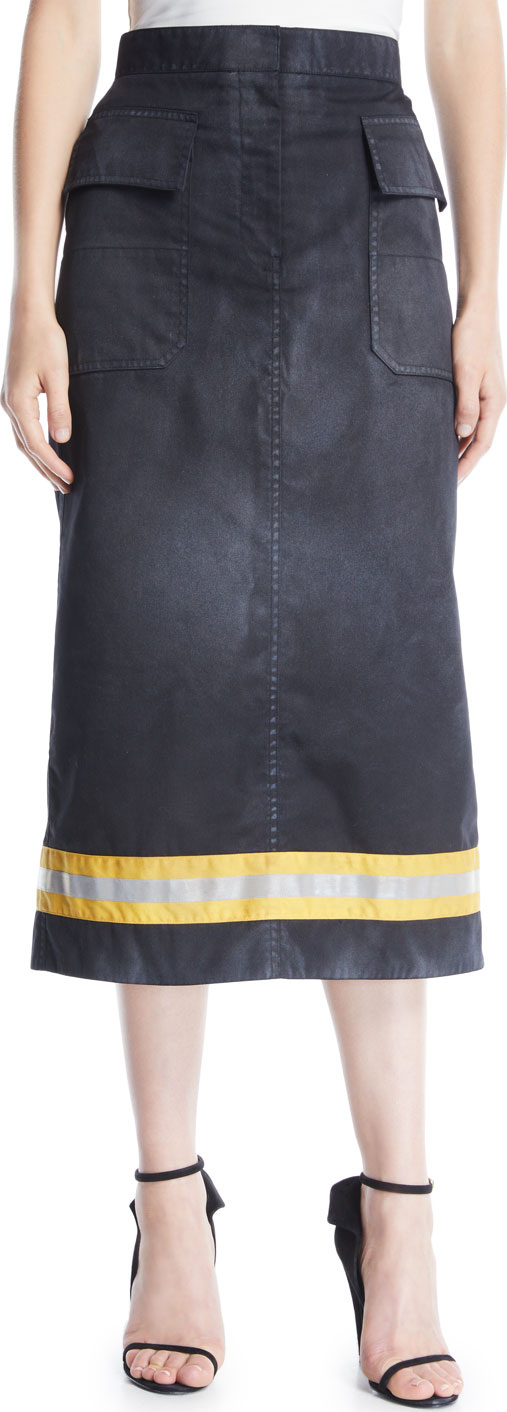 Calvin Klein 205W39NYC Resin Coated Gabardine A-Line Calf-Length Skirt w/ Fireman Taping