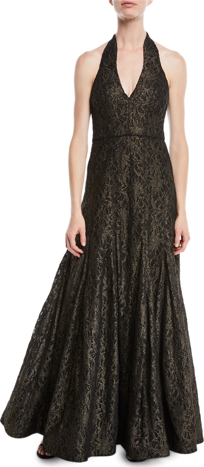 HALSTON HERITAGE Metallic Lace Halter Gown