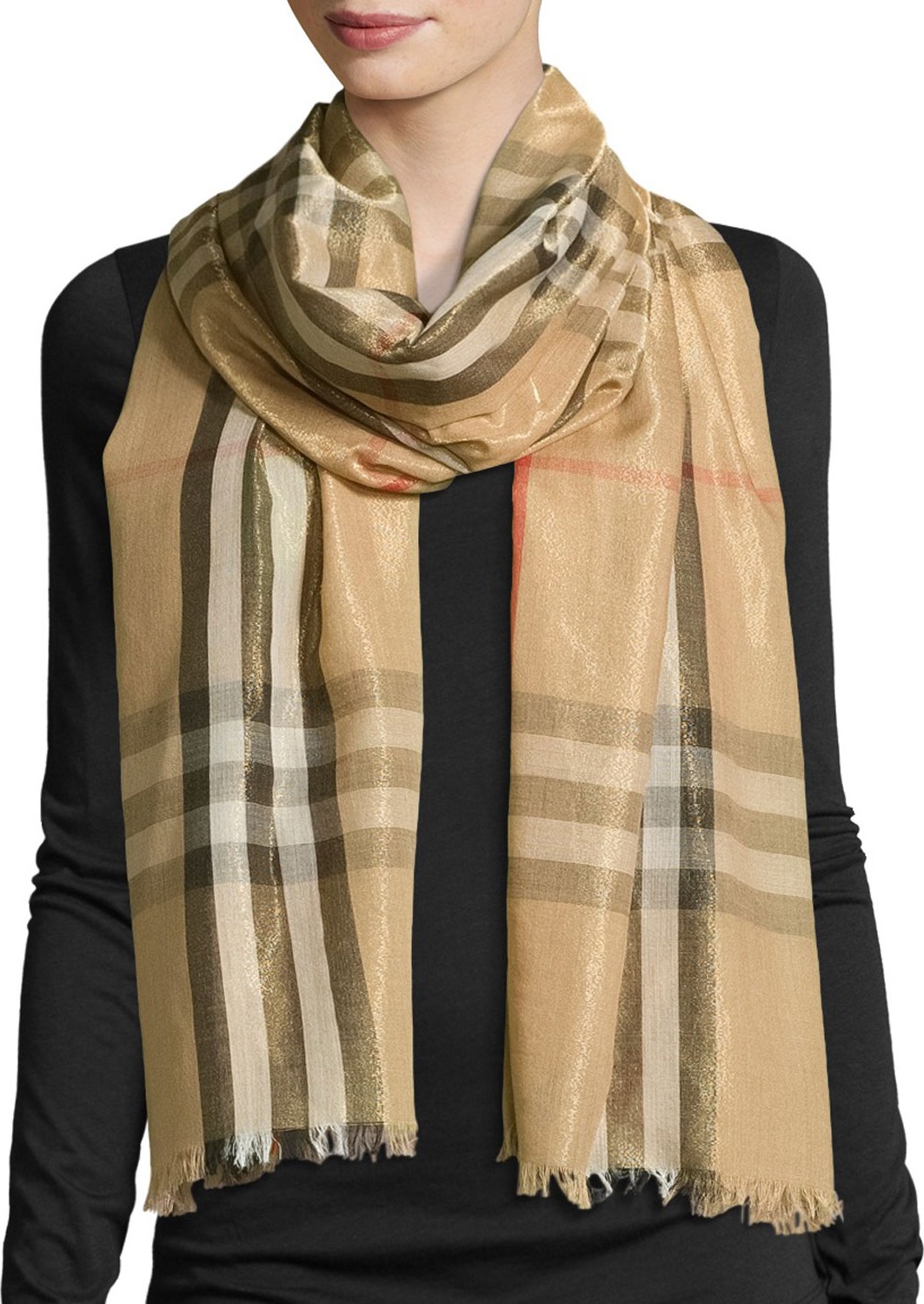 Burberry London England Metallic Gauze Giant Check Scarf, Camel/Gold
