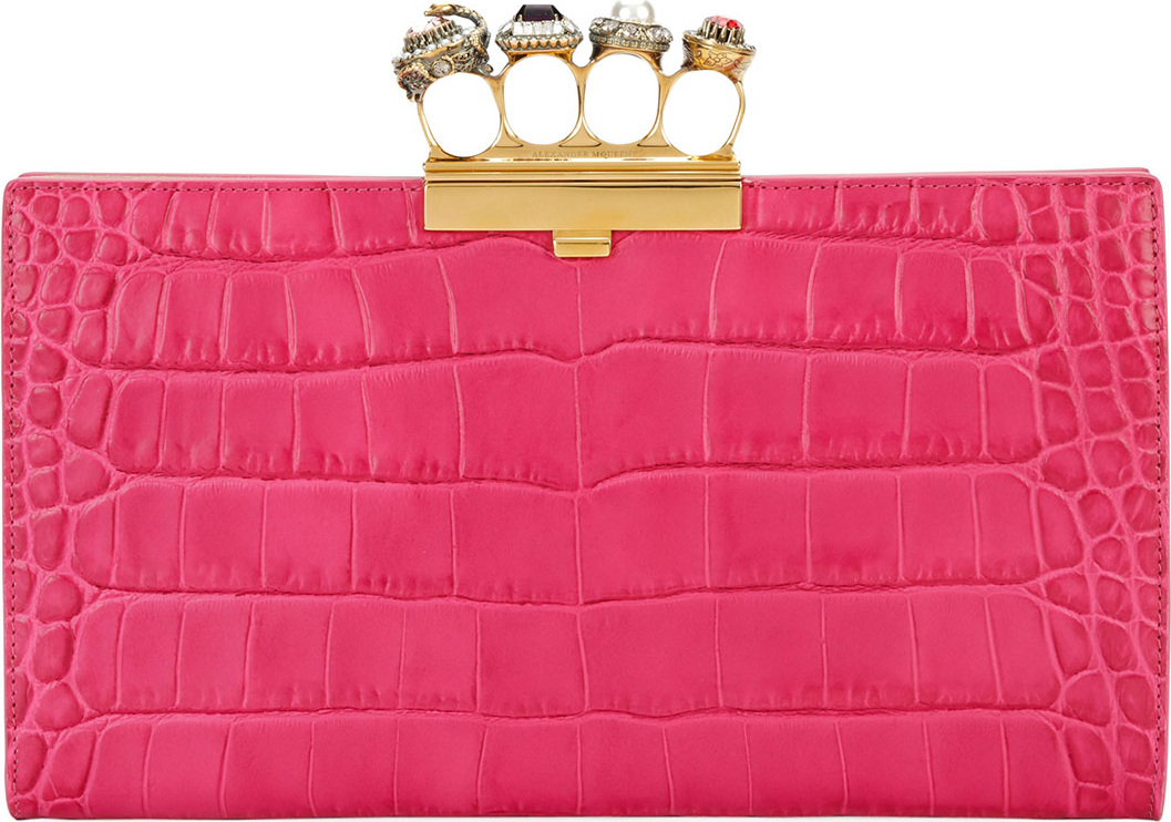 Alexander McQueen Jeweled Four Ring Crocodile-Embossed Clutch Bag, Dark Pink