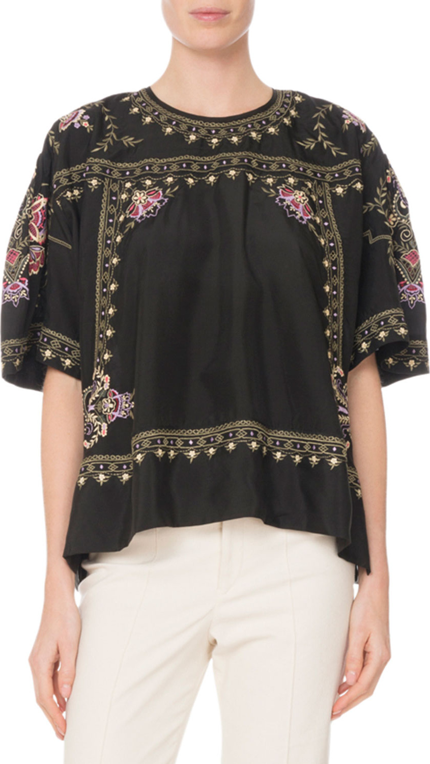 Isabel Marant Dante Short-Sleeve Embroidered Silk Tunic