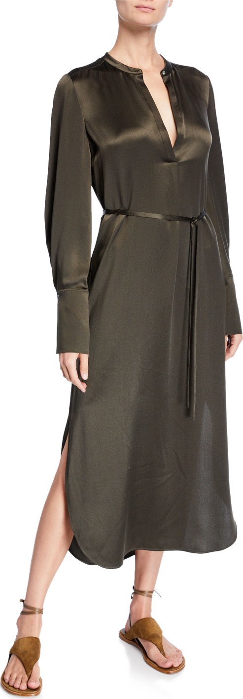 Vince Band-Collar Silk Midi Shirt Dress