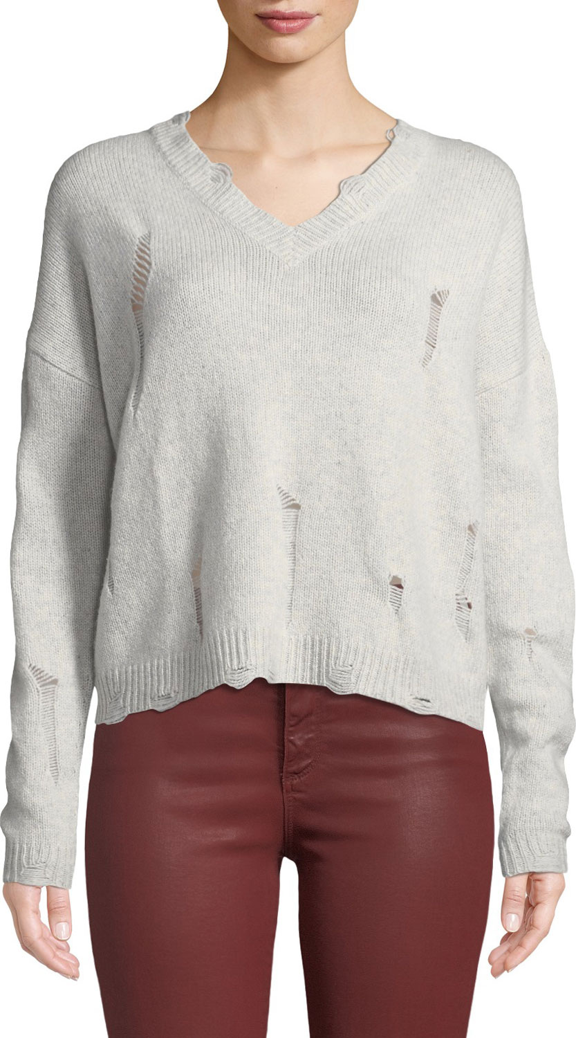 Autumn Cashmere Distressed V-Neck Boxy Cashmere Sweater