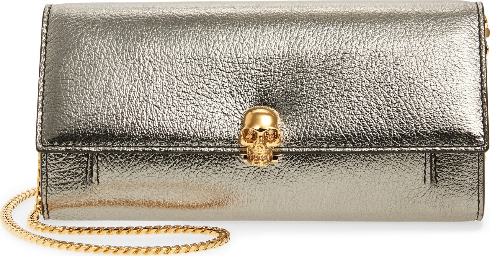 Alexander McQueen Skull Metallic Leather Wallet on a Chain