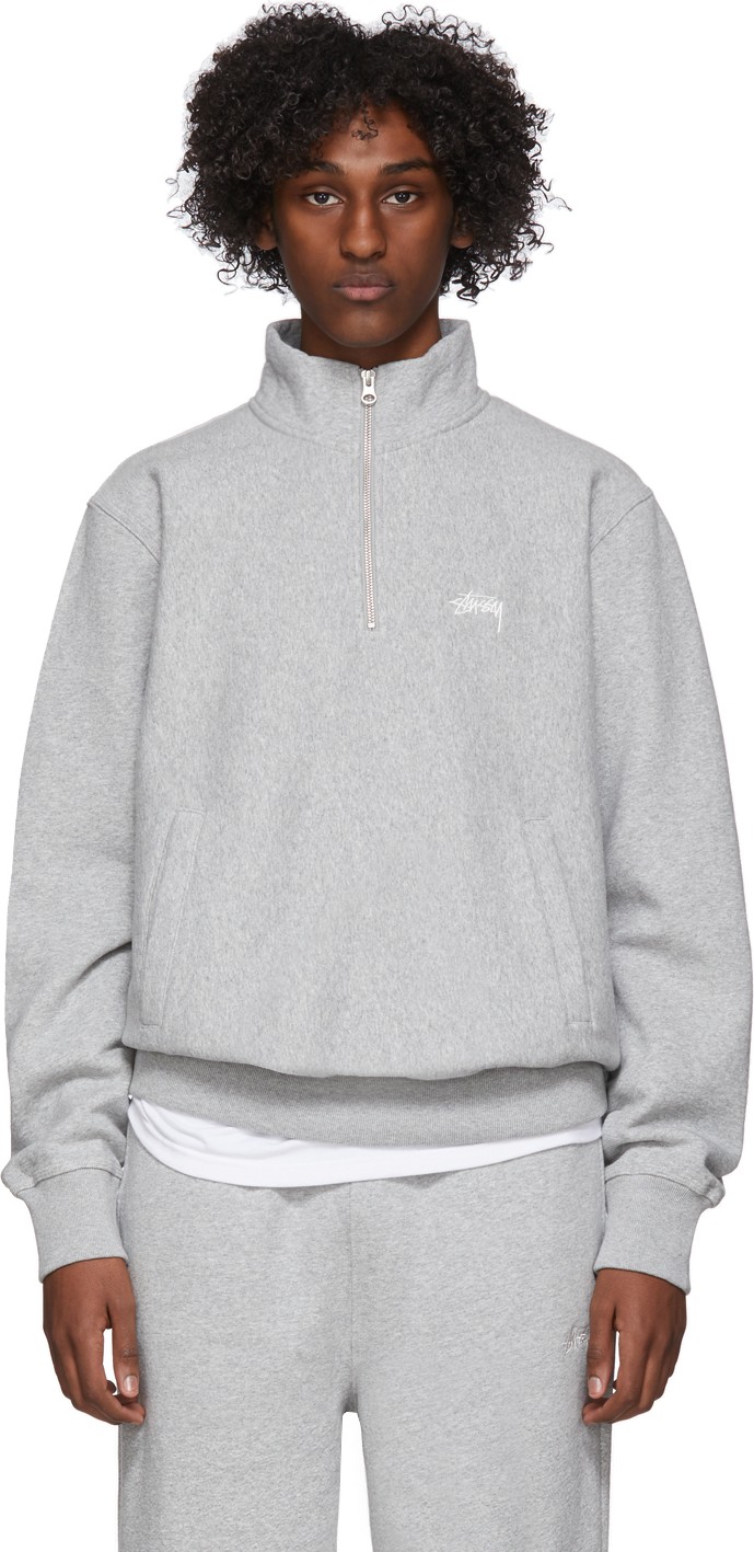 Stussy Grey Stock Logo Mock Sweatshirt