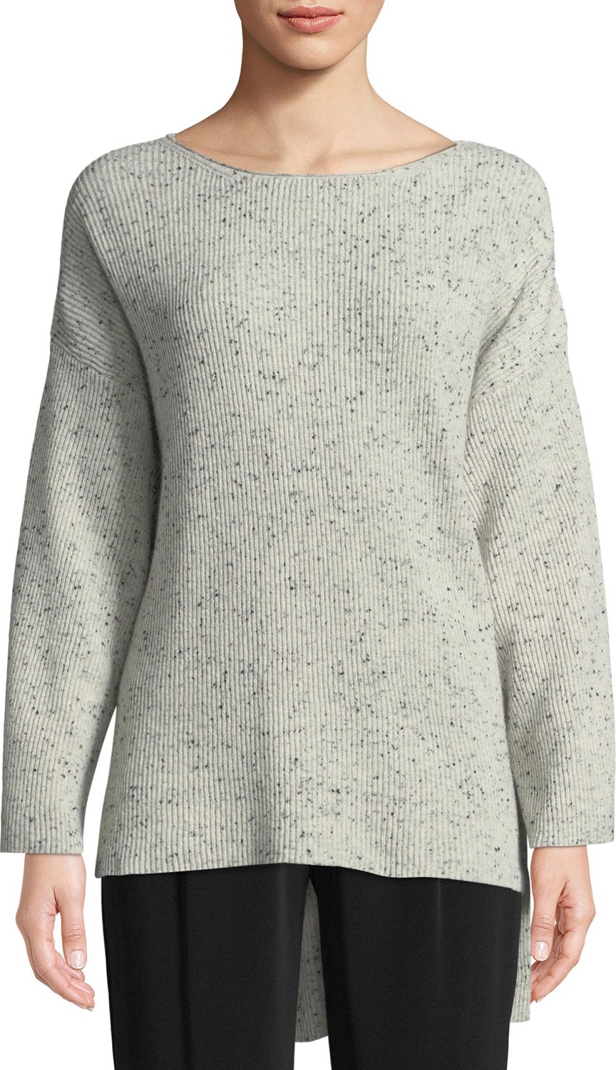 Co Boat-Neck Long-Sleeve Speckle High-Low Cashmere Sweater
