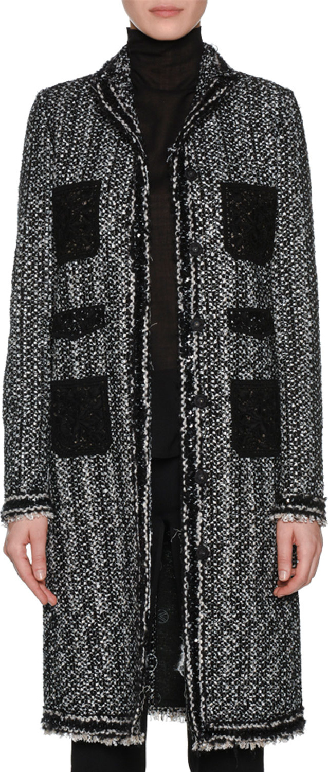 Giambattista Valli Notched-Collar Button-Front Tweed Jacket w/ Lace Patch Pockets