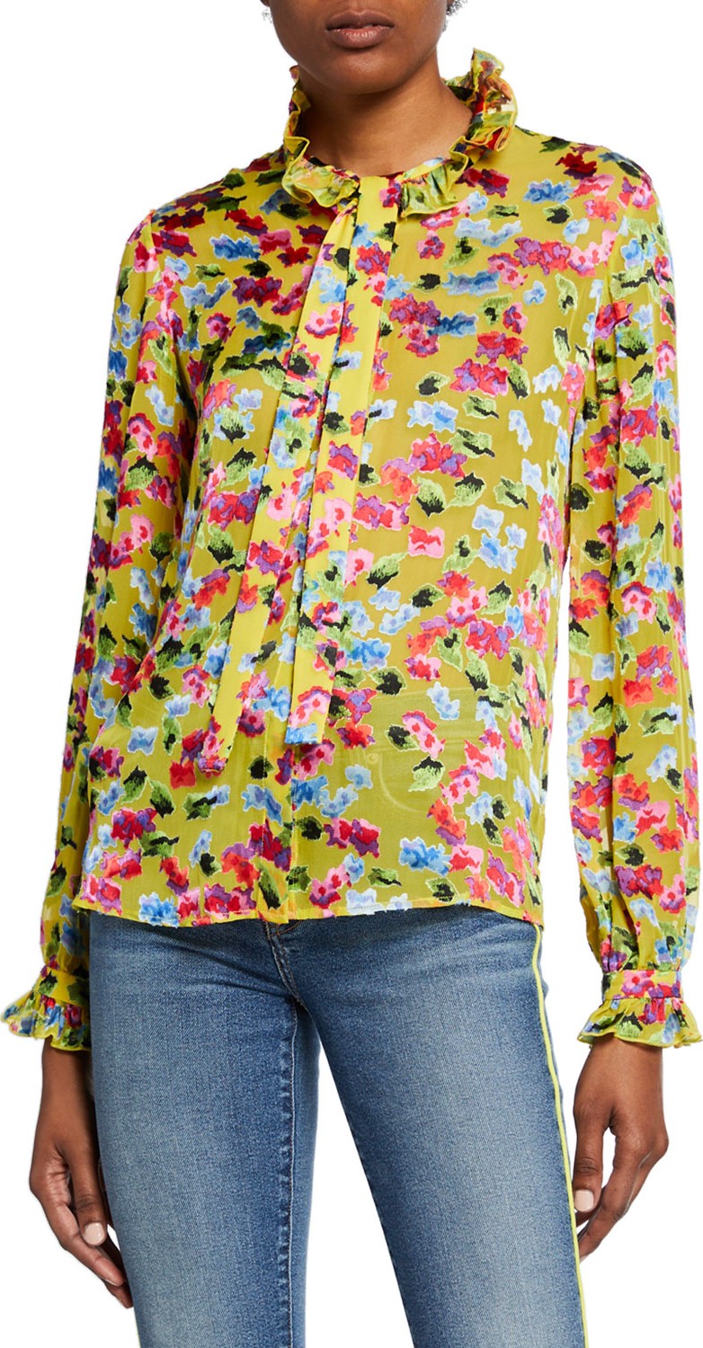 Saloni Emile Silky Floral-Print Button-Front Top