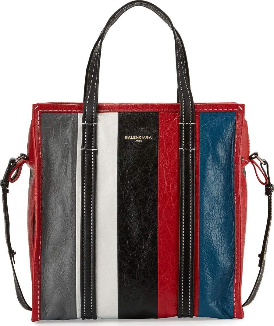 Balenciaga Bazar Shopper Small Striped Leather Shopper Tote Bag, Gray/White/Black/Blue (Gris/Blanc/Noir/Rouge/Bleu)