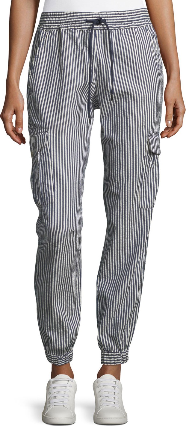 Emporio Armani Seersucker Striped Elastic-Cuff Cotton Pants