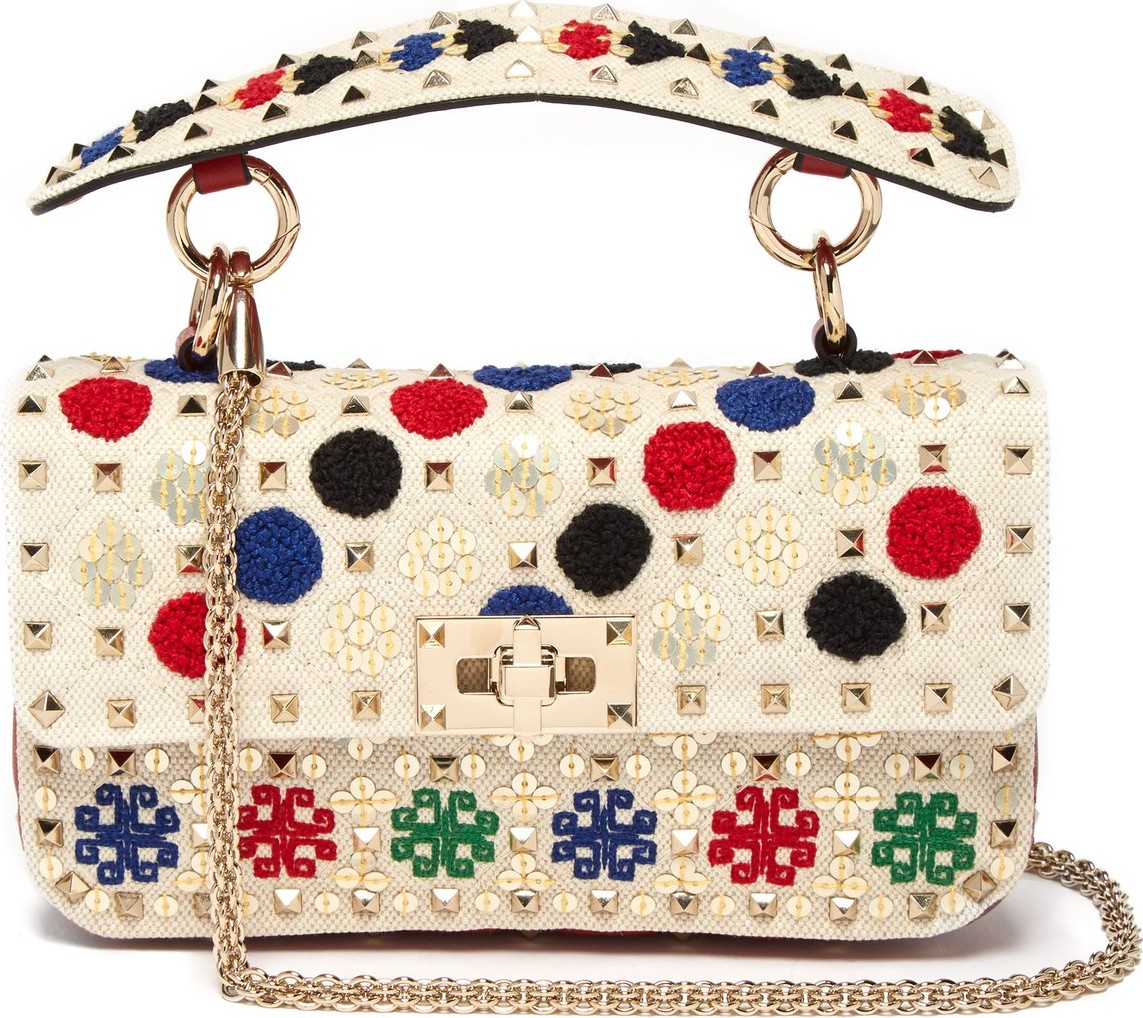 Valentino Rockstud Spike embroidered canvas shoulder bag
