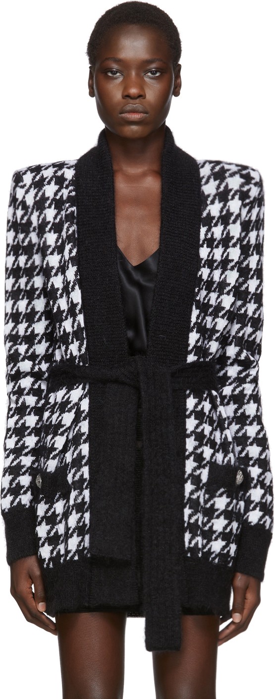 Balmain Black & White Mohair Houndstooth Belted Cardigan