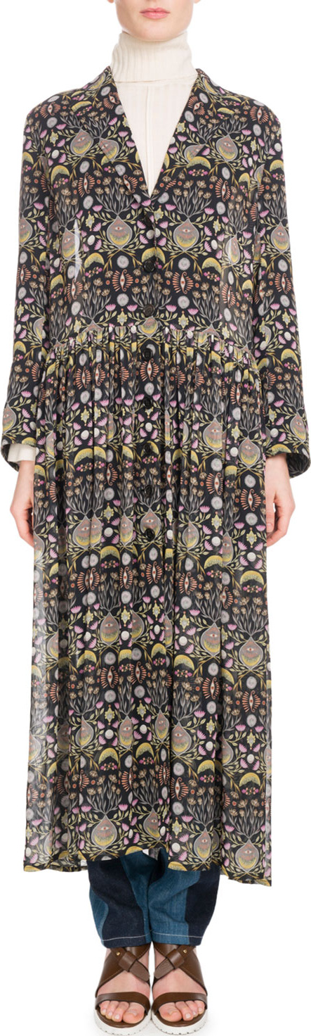 Chloe Long-Sleeve V-Neck Button-Front Blossom-Print Georgette Duster Jacket