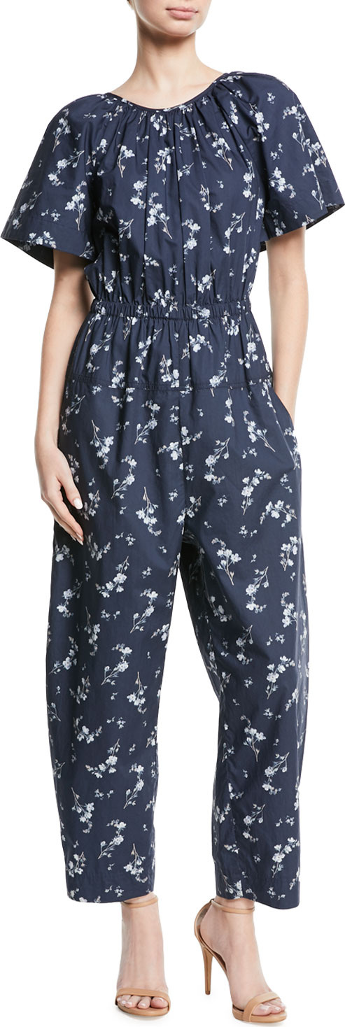 Rebecca Taylor Francine Short-Sleeve Cape-Back Floral-Print Cotton Jumpsuit